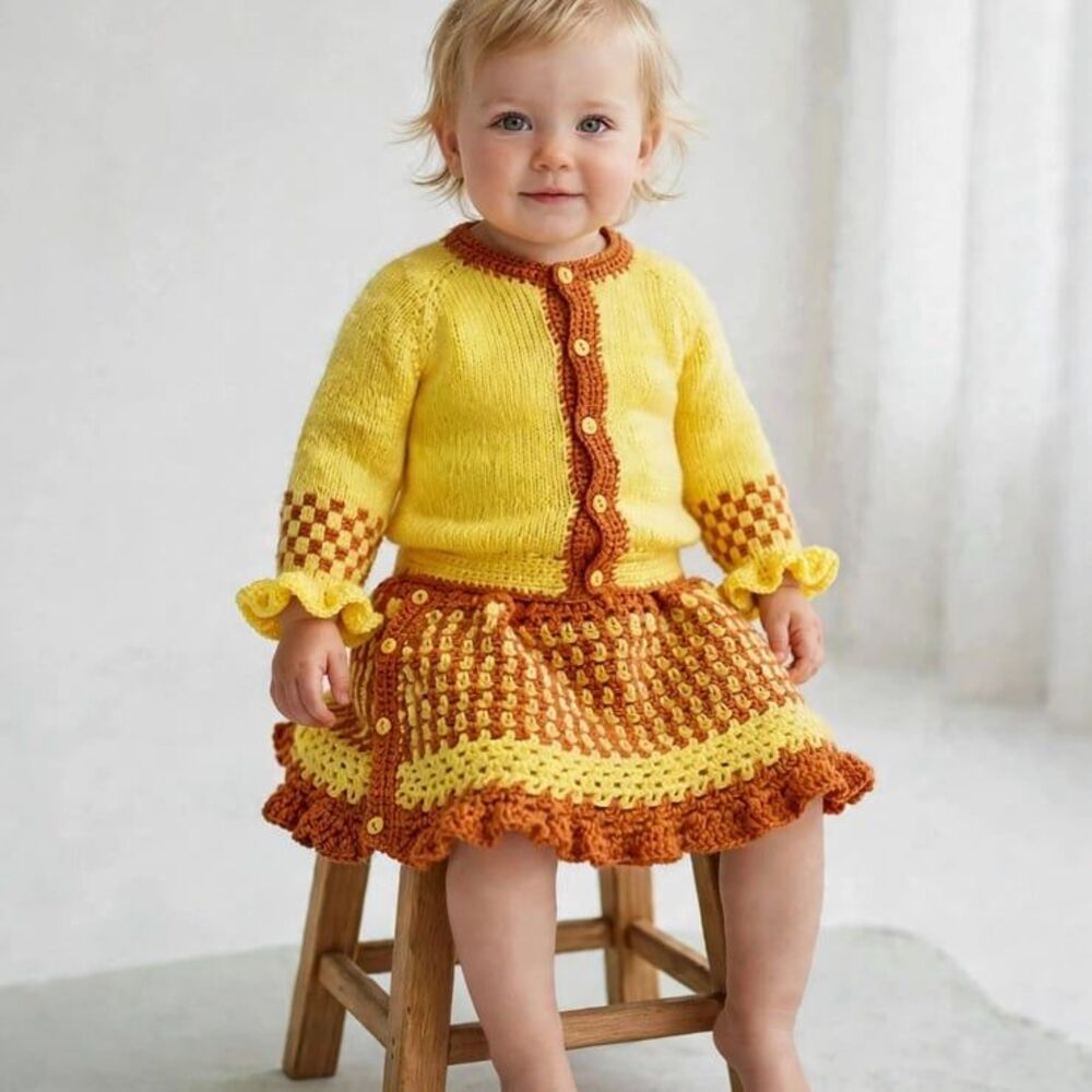 Hand knit Baby Girl Sweater Skirt Set 1-2 years Crochet Cardigan Set Fall outfit